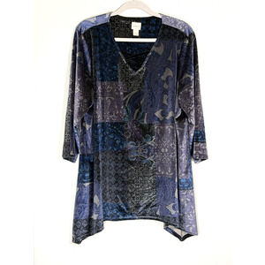 Chicos Velvet Tunic Top Size 3/XL Dark Paisley 3/4 Sleeve Retro Boho Whimsigoth